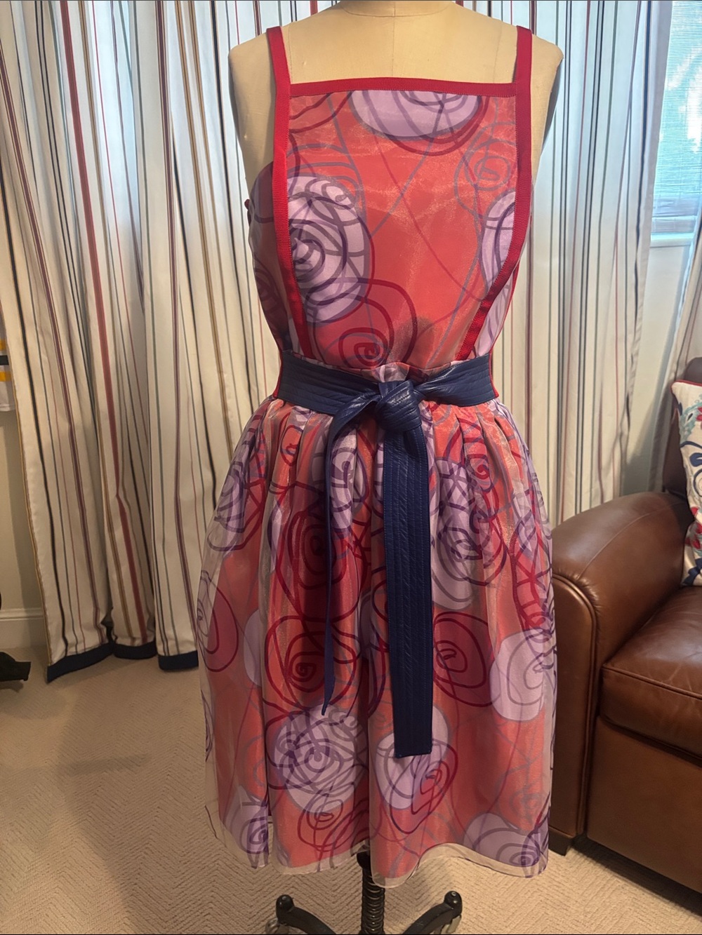 Giorgio Armani Red and Purple Printed Midi Dress with Navy Sash
